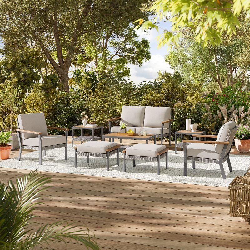 HOME Sencillo Collection -8 Piece Patio Furniture Set 1 Coffee Table 2 Small Coffee Tables 1 Loveseat 2 Lounge Chairs and 2 Ottomans Beige FredCo