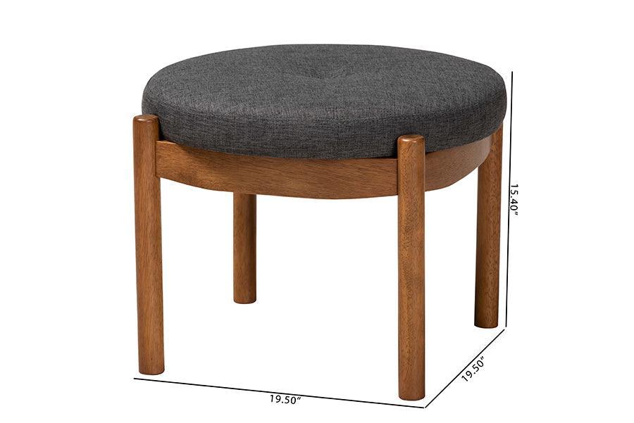 Iliana Japandi Dark Grey Fabric and Walnut Brown Finished Wood Ottoman Footstool FredCo