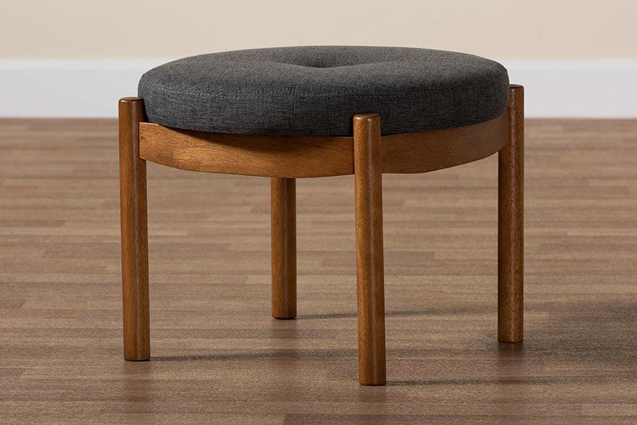 Iliana Japandi Dark Grey Fabric and Walnut Brown Finished Wood Ottoman Footstool FredCo