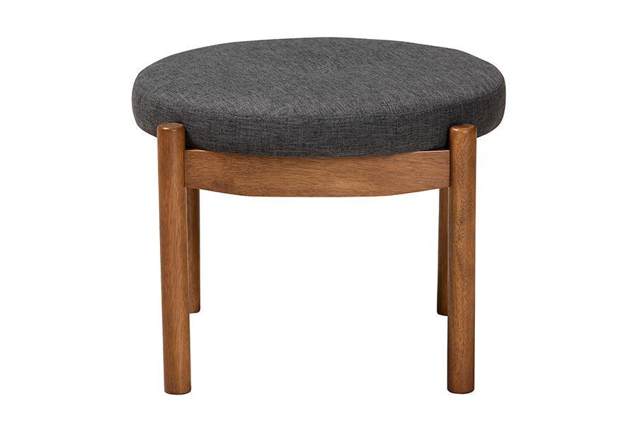 Iliana Japandi Dark Grey Fabric and Walnut Brown Finished Wood Ottoman Footstool FredCo