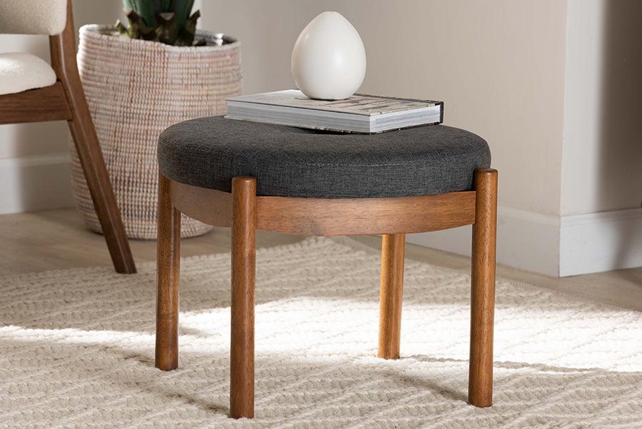 Iliana Japandi Dark Grey Fabric and Walnut Brown Finished Wood Ottoman Footstool FredCo