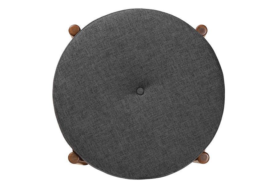 Iliana Japandi Dark Grey Fabric and Walnut Brown Finished Wood Ottoman Footstool FredCo