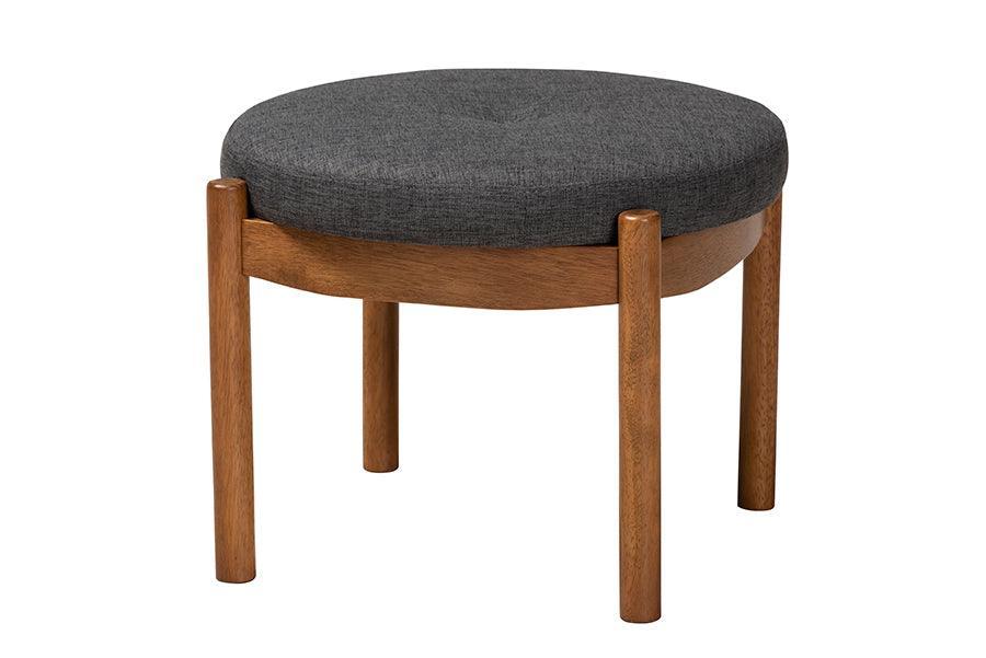 Iliana Japandi Dark Grey Fabric and Walnut Brown Finished Wood Ottoman Footstool FredCo