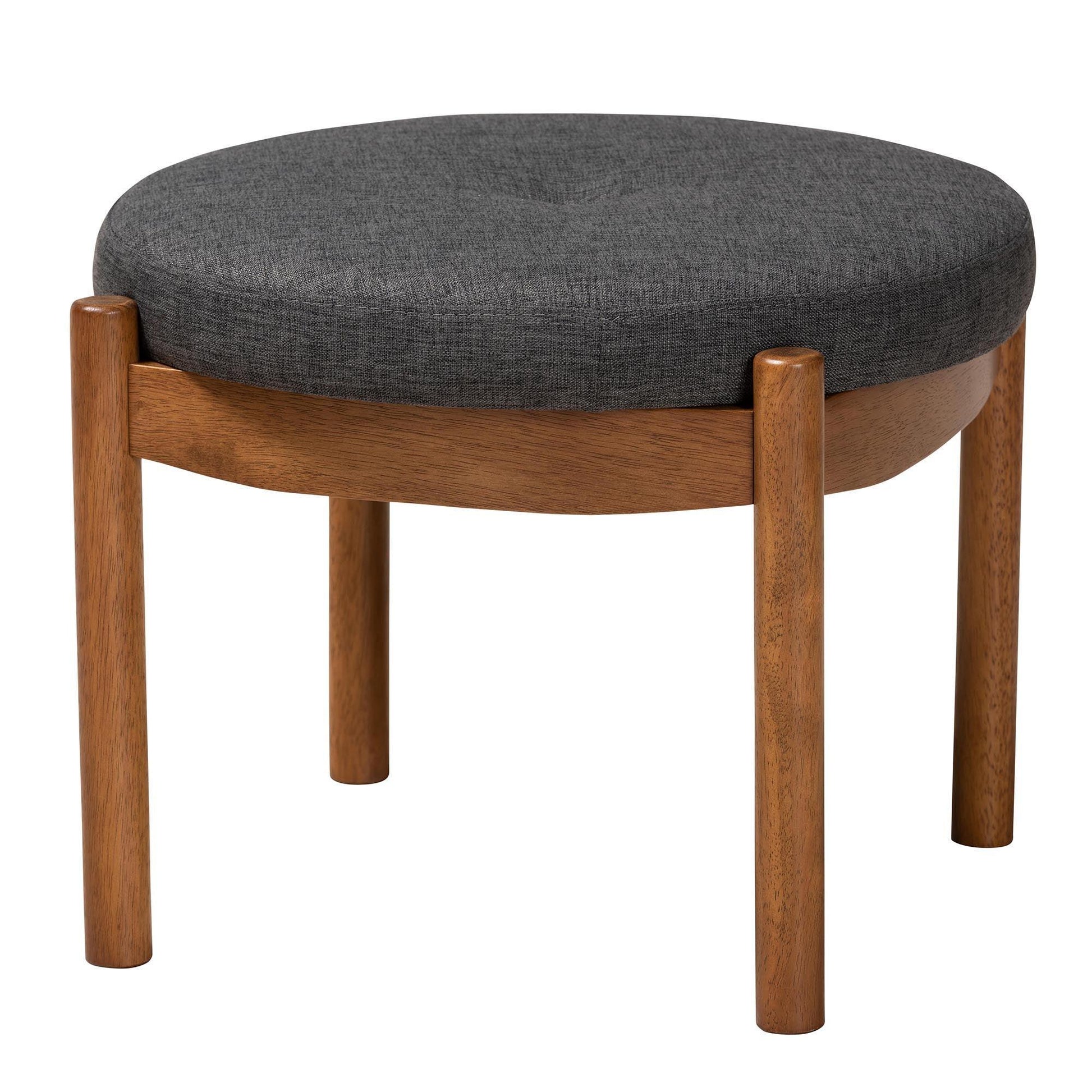 Iliana Japandi Dark Grey Fabric and Walnut Brown Finished Wood Ottoman Footstool FredCo