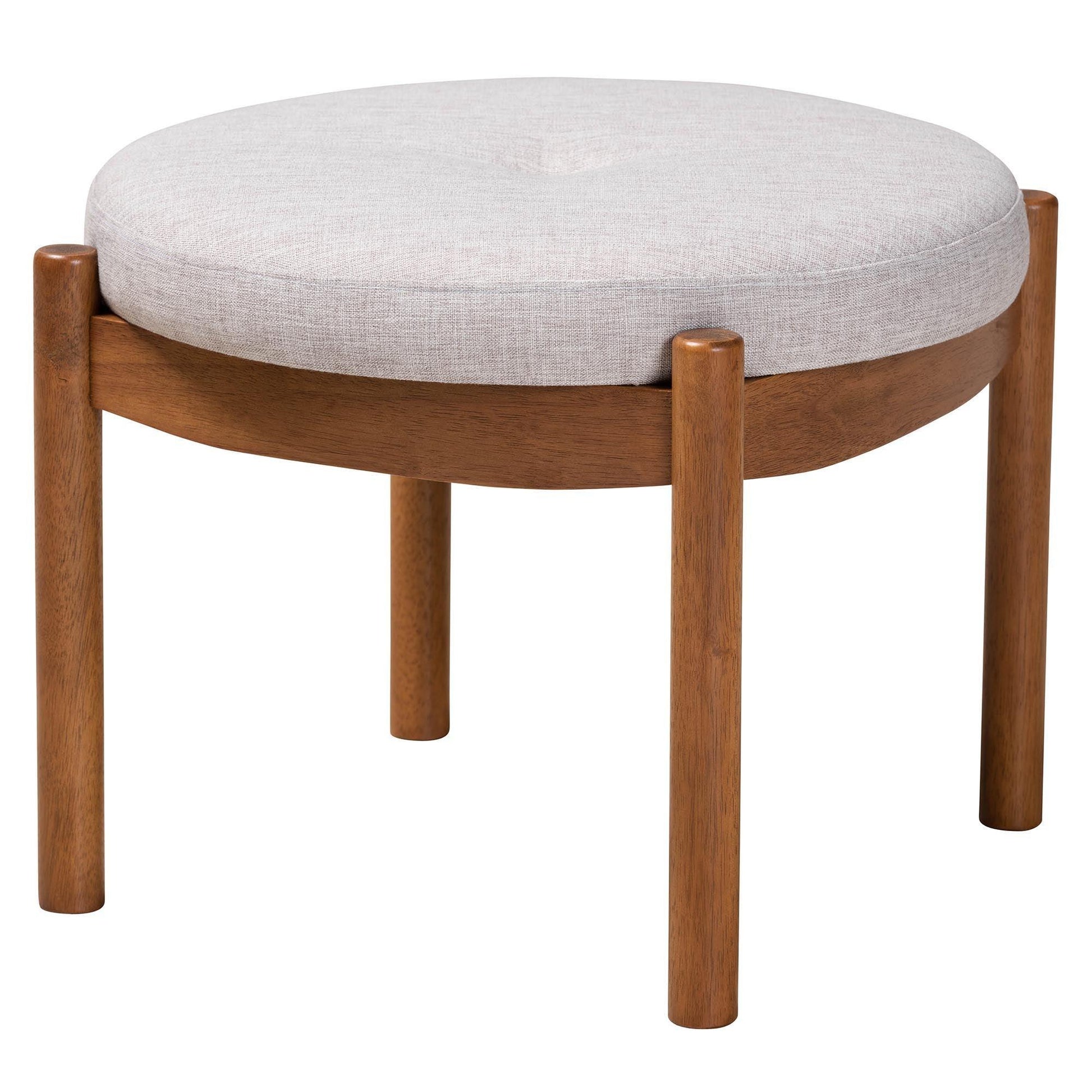 Iliana Japandi Greyish Beige Fabric and Walnut Brown Finished Wood Ottoman Footstool FredCo