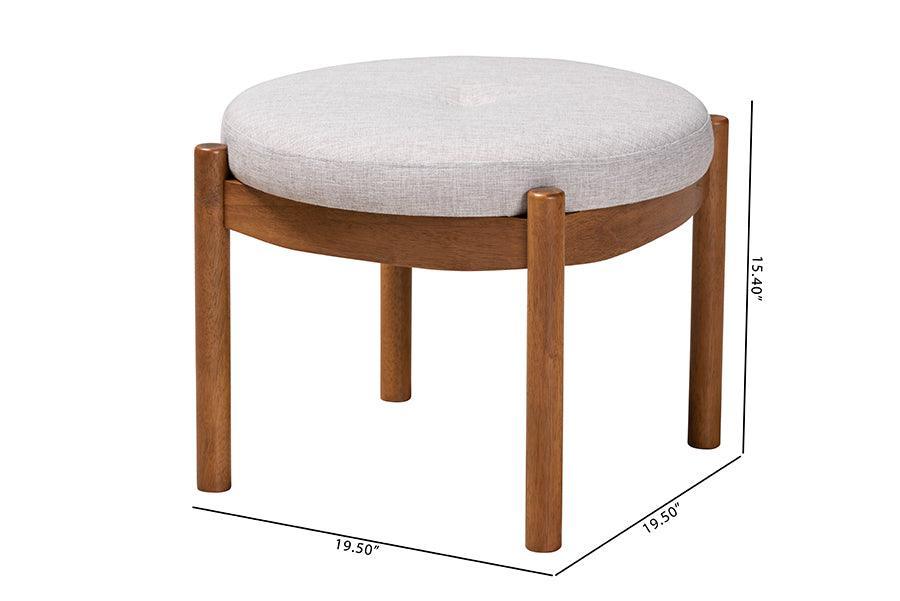 Iliana Japandi Greyish Beige Fabric and Walnut Brown Finished Wood Ottoman Footstool FredCo