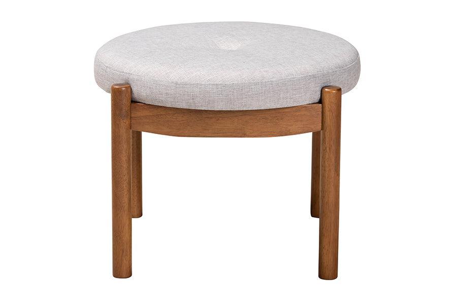 Iliana Japandi Greyish Beige Fabric and Walnut Brown Finished Wood Ottoman Footstool FredCo