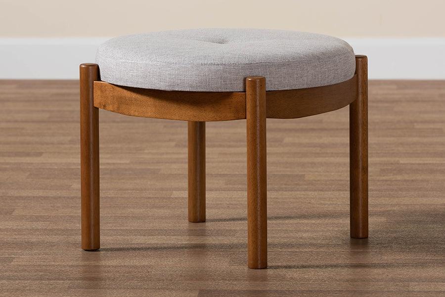 Iliana Japandi Greyish Beige Fabric and Walnut Brown Finished Wood Ottoman Footstool FredCo