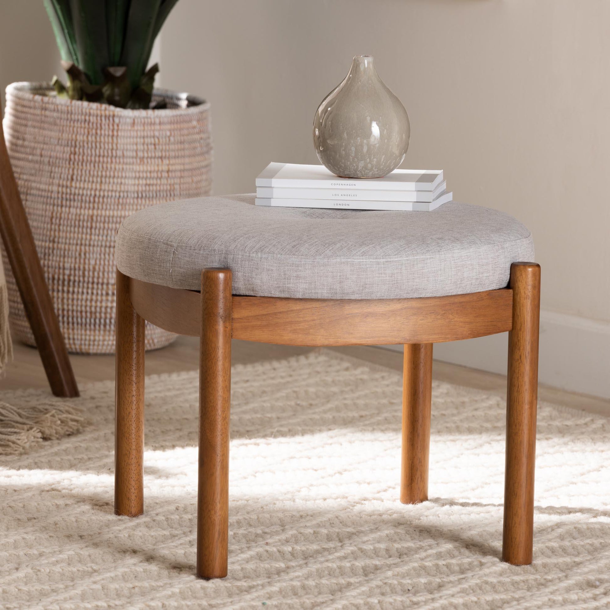 Iliana Japandi Greyish Beige Fabric and Walnut Brown Finished Wood Ottoman Footstool FredCo