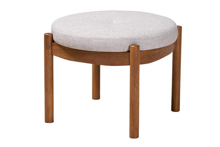 Iliana Japandi Greyish Beige Fabric and Walnut Brown Finished Wood Ottoman Footstool FredCo