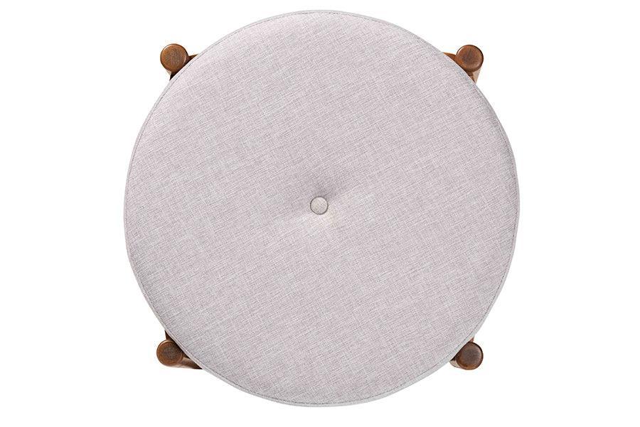 Iliana Japandi Greyish Beige Fabric and Walnut Brown Finished Wood Ottoman Footstool FredCo