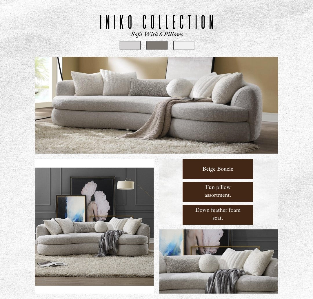 Iniko Beige Boucle Sofa with Toss Pillows FredCo
