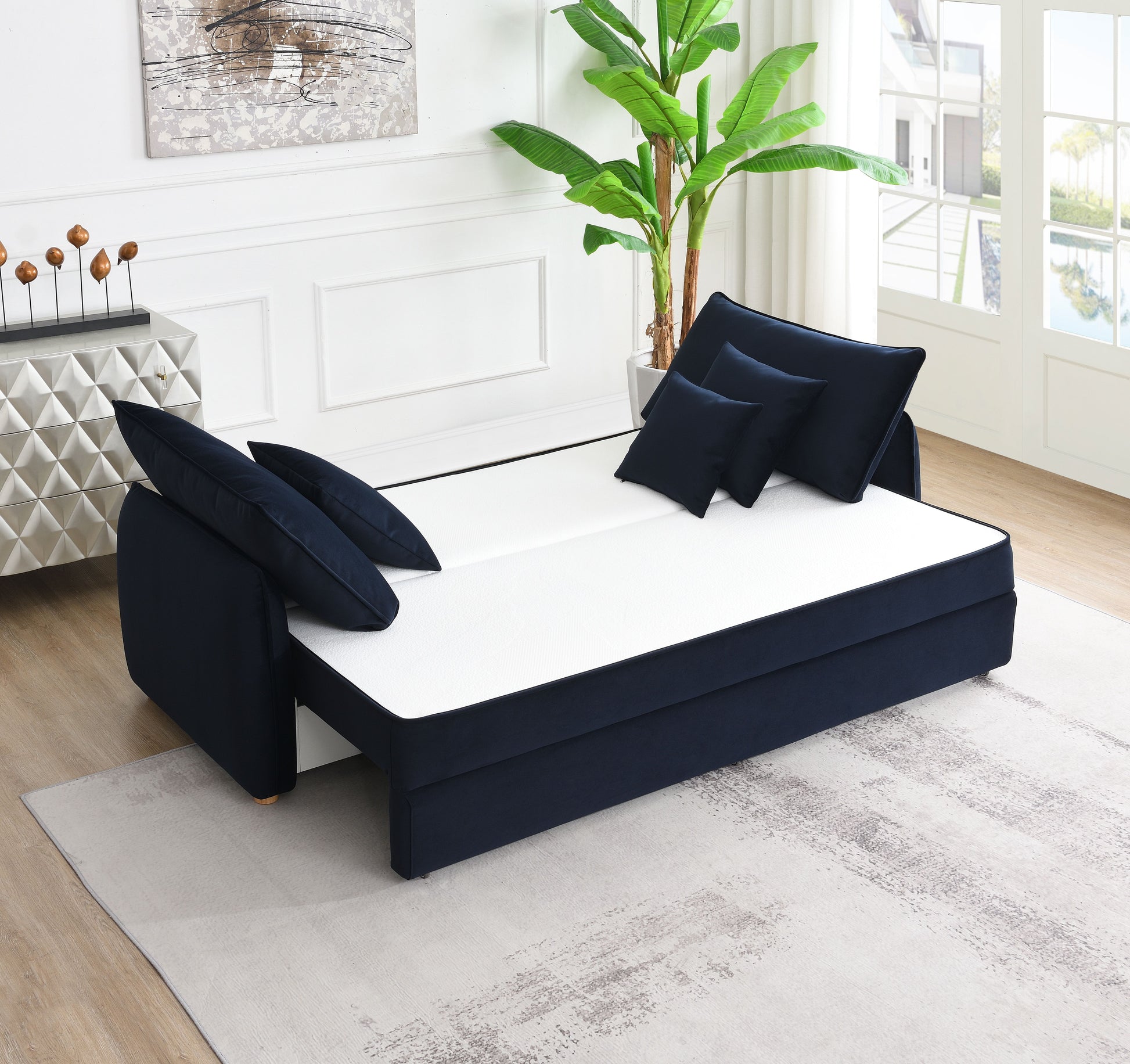 Irina Blue Velvet Sleeper Sectional Sofa w/ 3 Toss Pillows FredCo