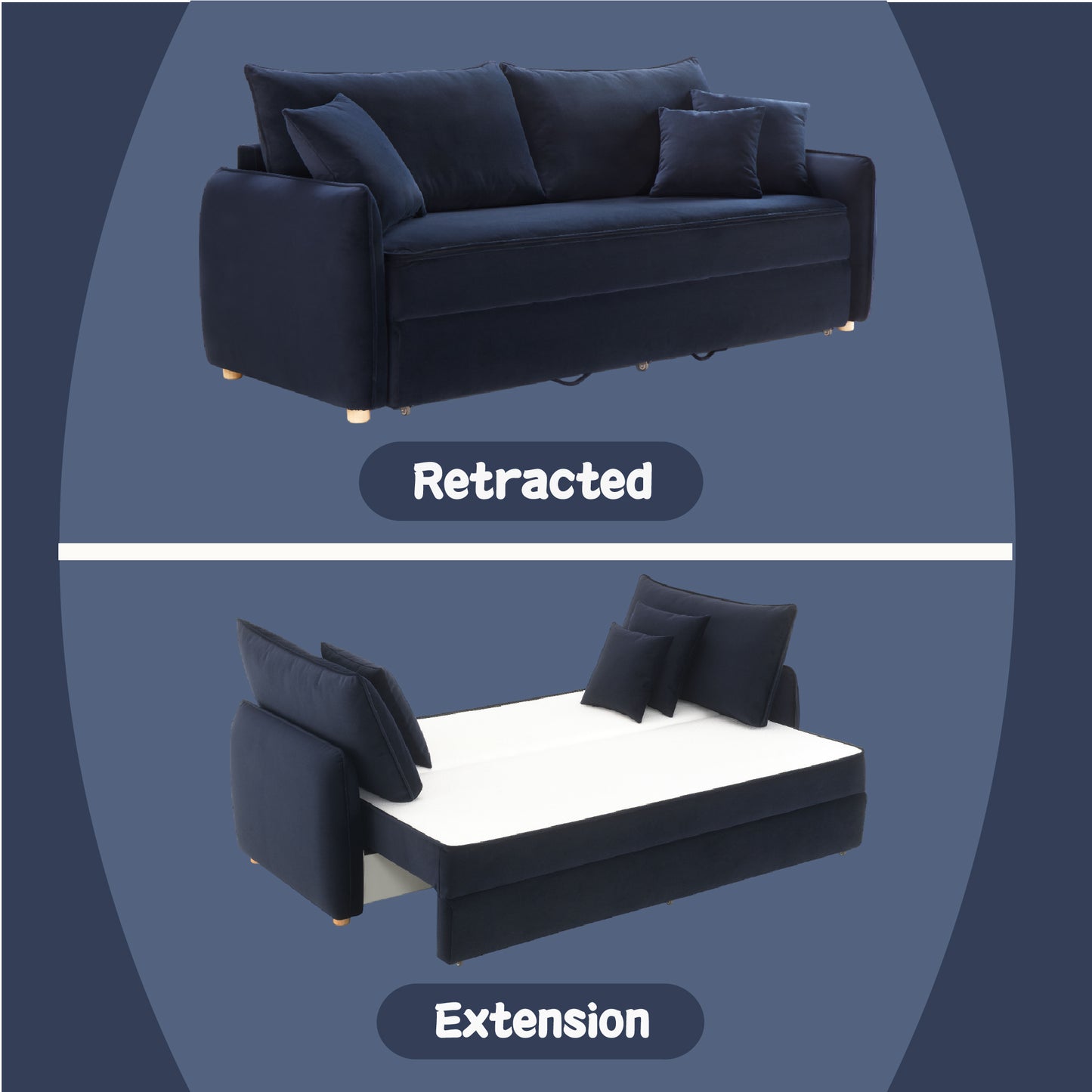 Irina Blue Velvet Sleeper Sectional Sofa w/ 3 Toss Pillows FredCo