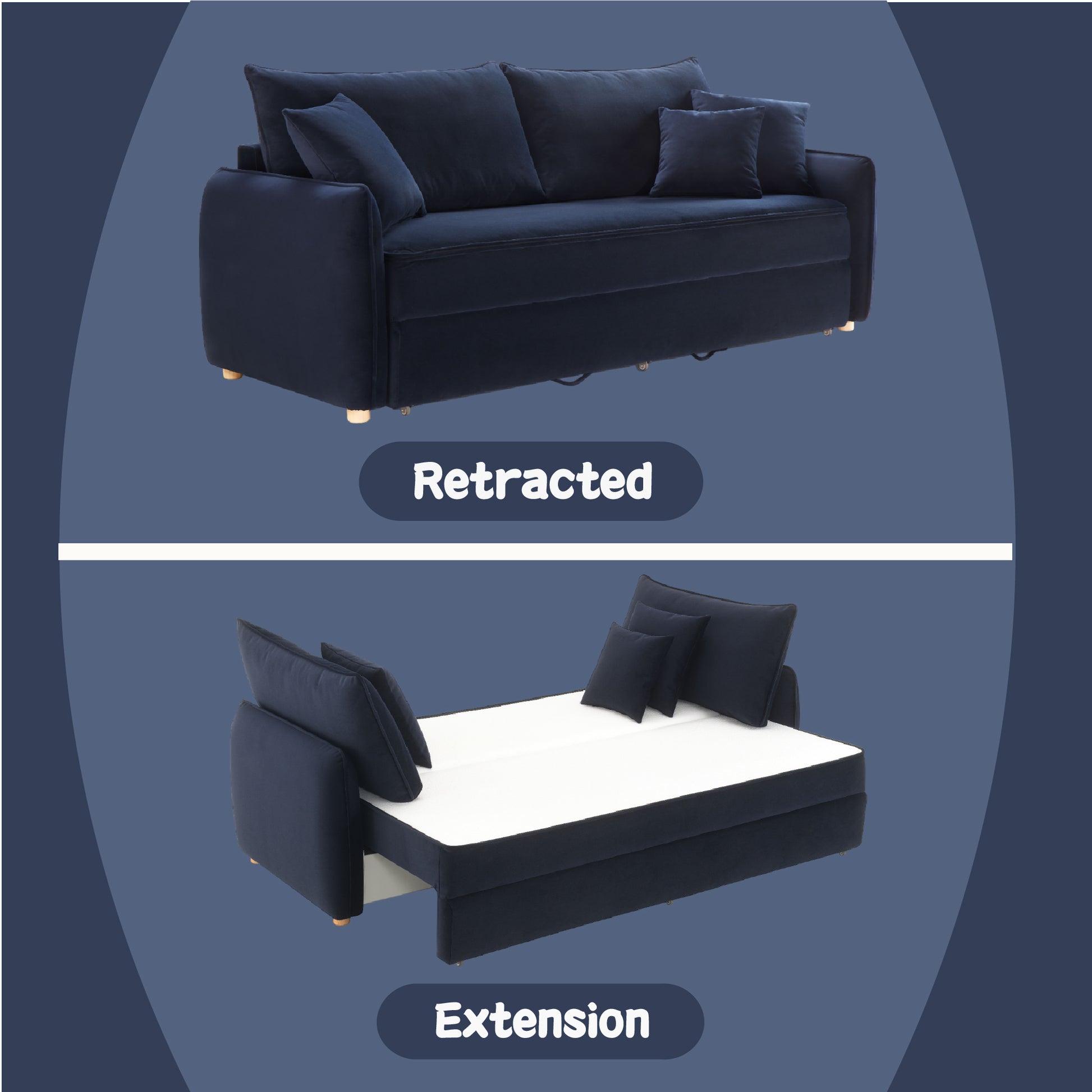 Irina Blue Velvet Sleeper Sectional Sofa w/ 3 Toss Pillows FredCo