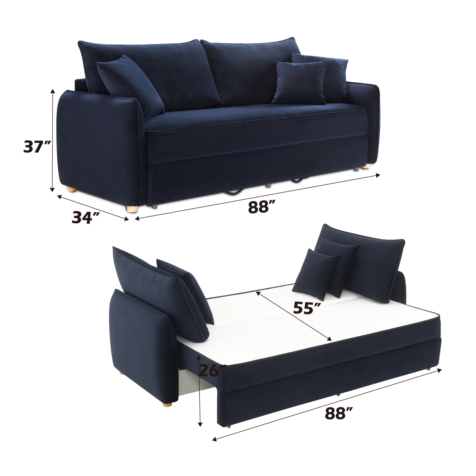 Irina Blue Velvet Sleeper Sectional Sofa w/ 3 Toss Pillows FredCo