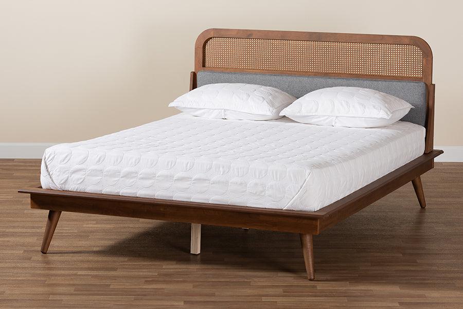 Irina Mid-Century Modern Grey Fabric and Ash Walnut Finished Wood King Size Platform Bed FredCo