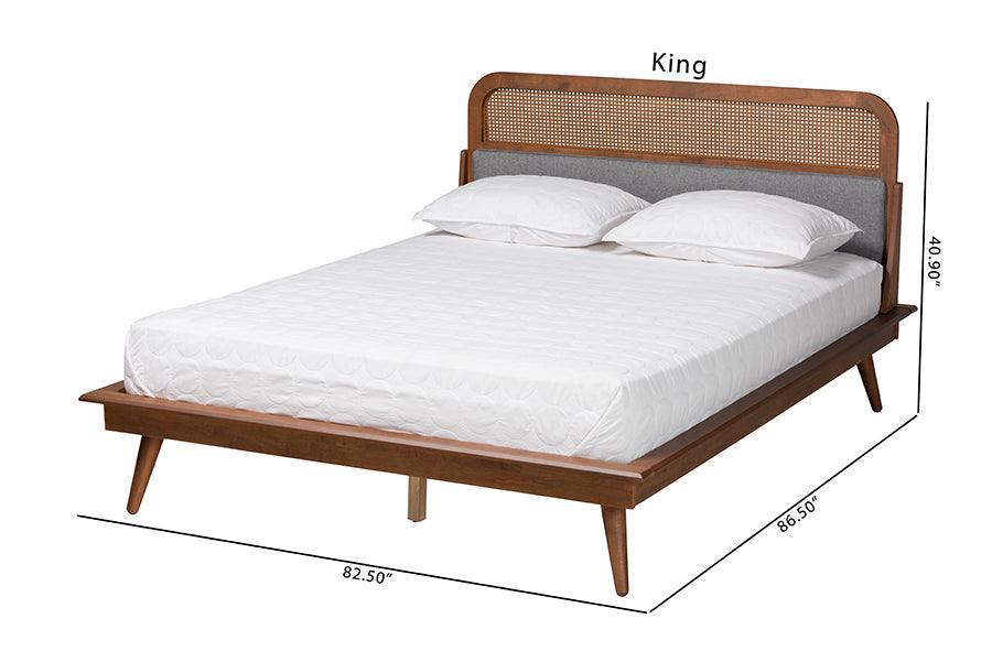 Irina Mid-Century Modern Grey Fabric and Ash Walnut Finished Wood King Size Platform Bed FredCo