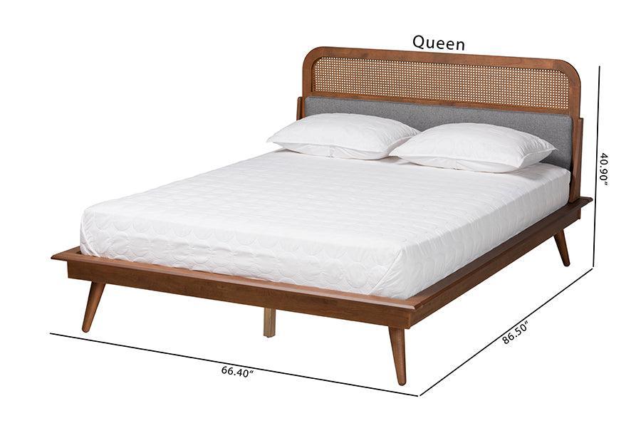 Irina Mid-Century Modern Grey Fabric and Ash Walnut Finished Wood Queen Size Platform Bed FredCo