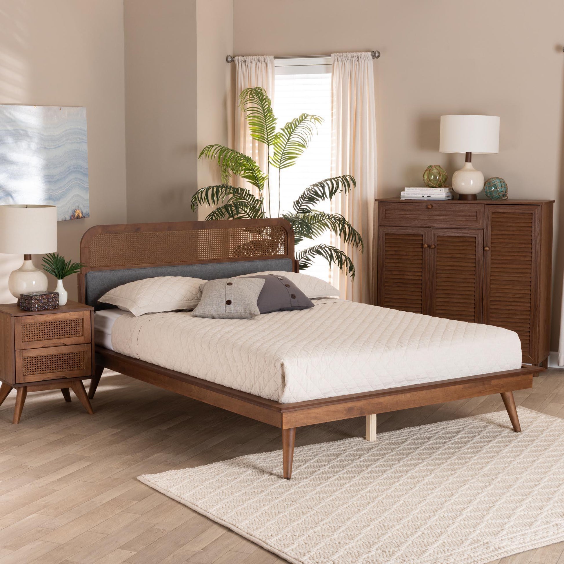 Irina Mid-Century Modern Grey Fabric and Ash Walnut Finished Wood Queen Size Platform Bed FredCo