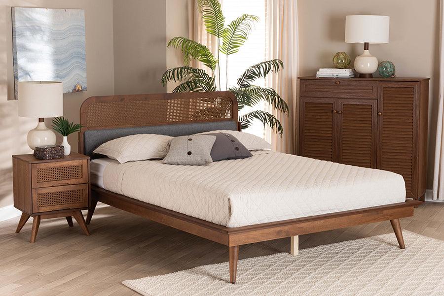 Irina Mid-Century Modern Grey Fabric and Ash Walnut Finished Wood Queen Size Platform Bed FredCo