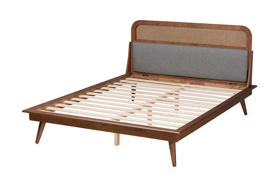 Irina Mid-Century Modern Grey Fabric and Ash Walnut Finished Wood Queen Size Platform Bed FredCo