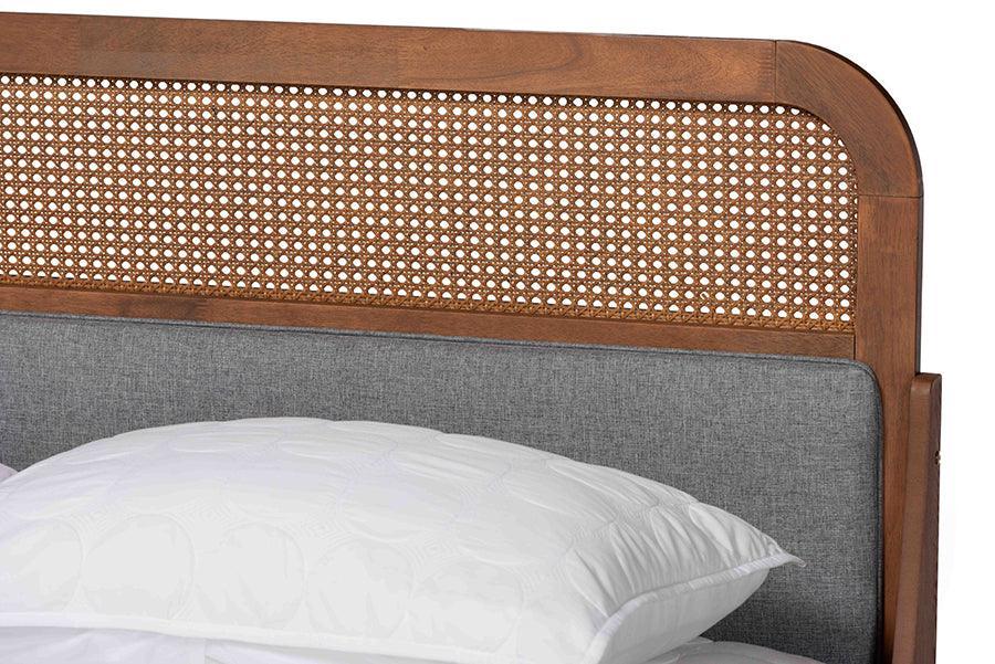 Irina Mid-Century Modern Grey Fabric and Ash Walnut Finished Wood Queen Size Platform Bed FredCo