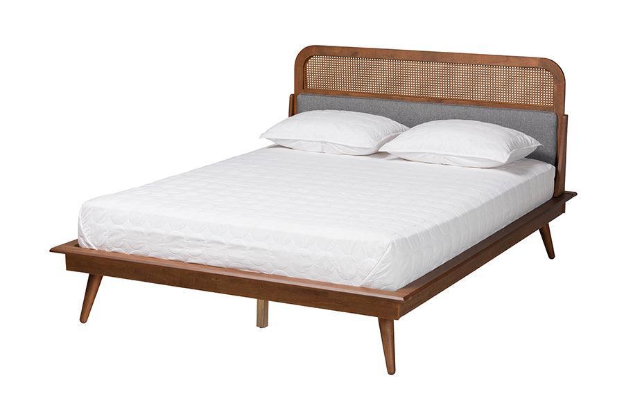 Irina Mid-Century Modern Grey Fabric and Ash Walnut Finished Wood Queen Size Platform Bed FredCo