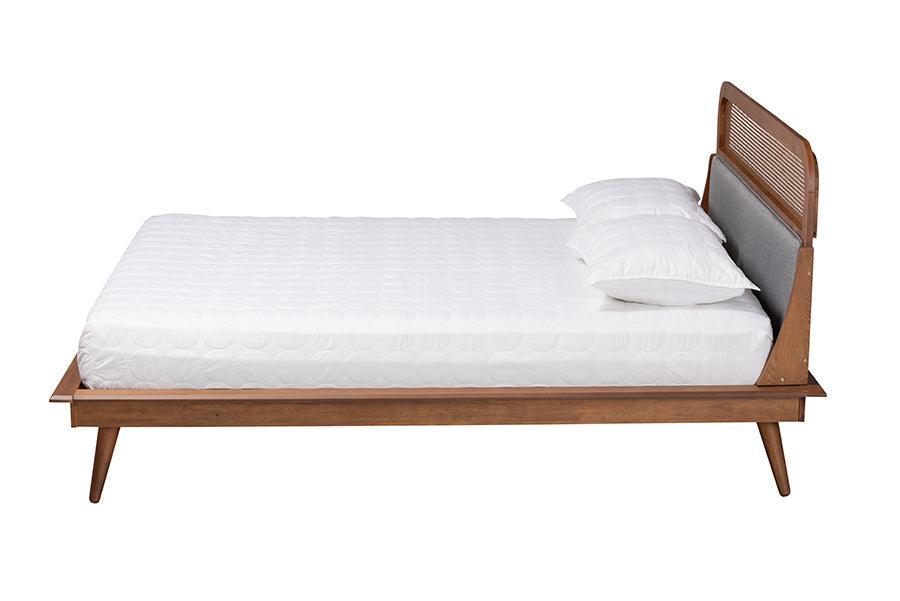 Irina Mid-Century Modern Grey Fabric and Ash Walnut Finished Wood Queen Size Platform Bed FredCo