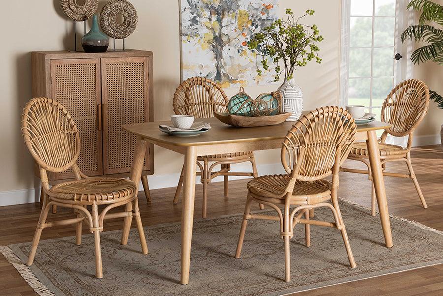Iris Modern Bohemian Natural Brown Rattan 5-Piece Dining Set FredCo