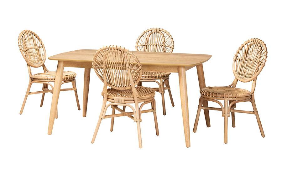 Iris Modern Bohemian Natural Brown Rattan 5-Piece Dining Set FredCo