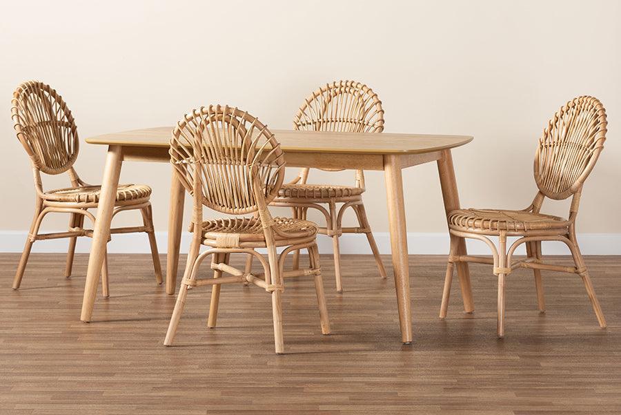 Iris Modern Bohemian Natural Brown Rattan 5-Piece Dining Set FredCo