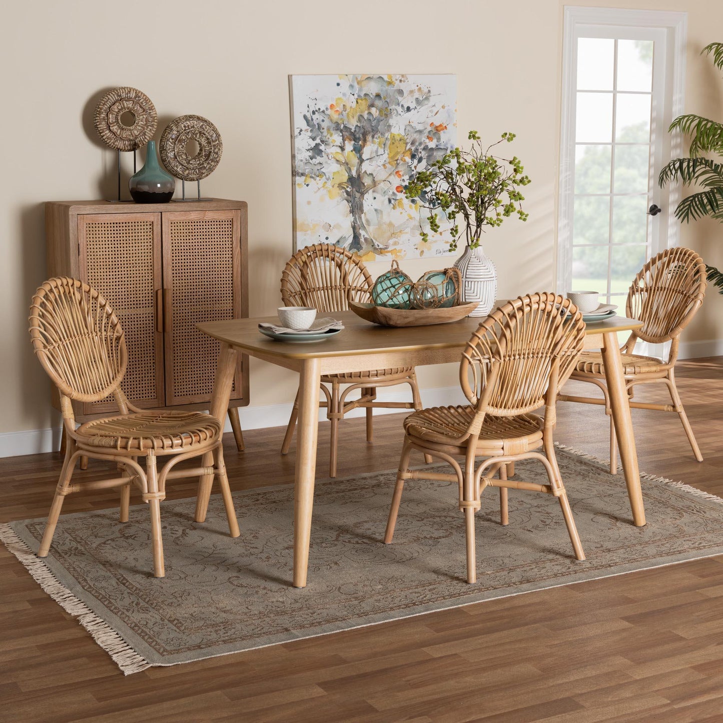 Iris Modern Bohemian Natural Brown Rattan 5-Piece Dining Set FredCo