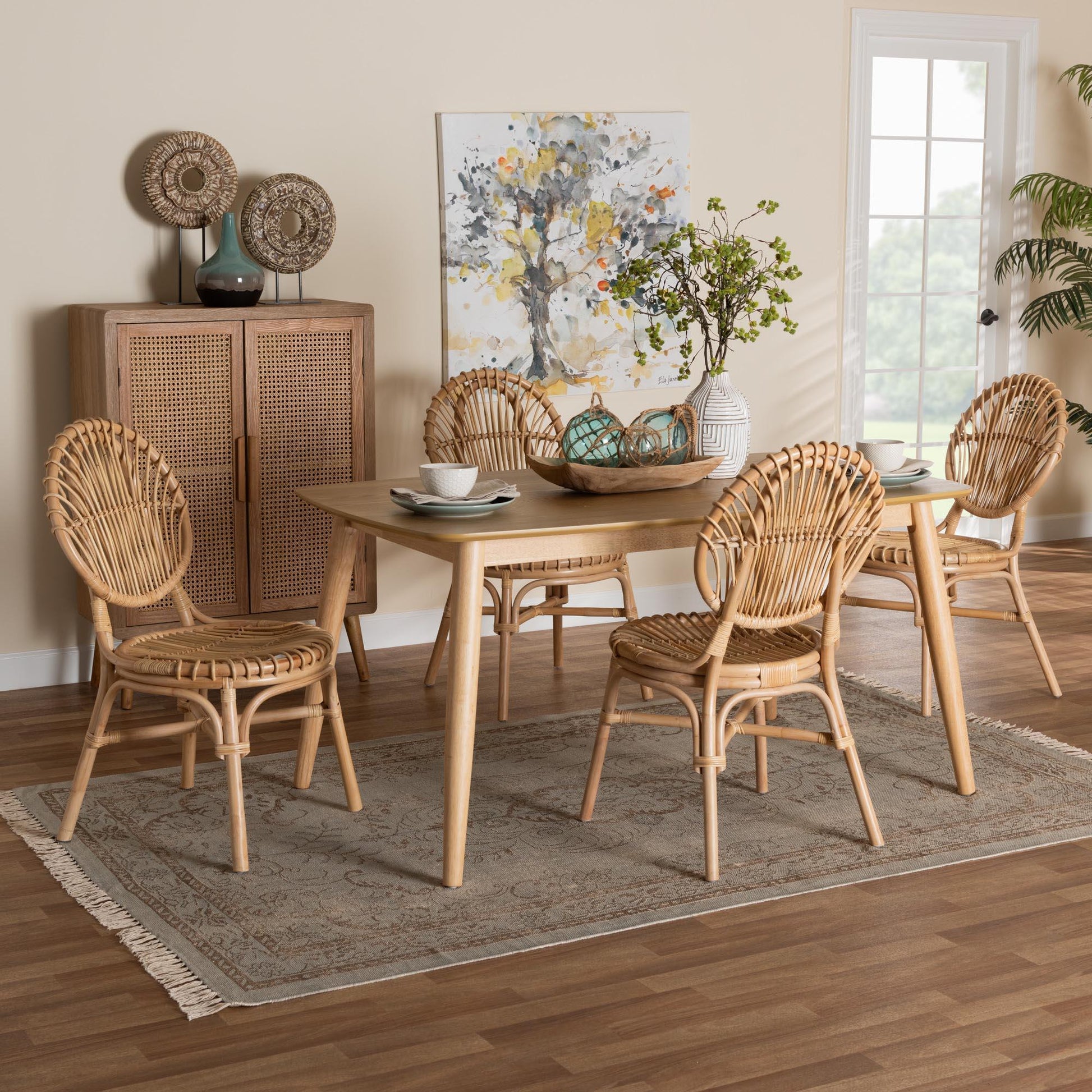 Iris Modern Bohemian Natural Brown Rattan 5-Piece Dining Set FredCo