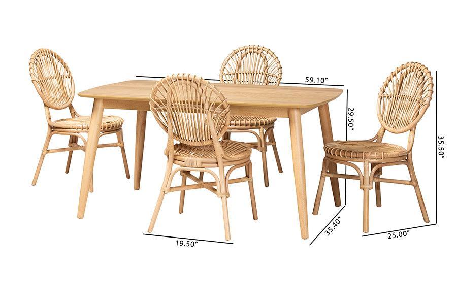 Iris Modern Bohemian Natural Brown Rattan 5-Piece Dining Set FredCo