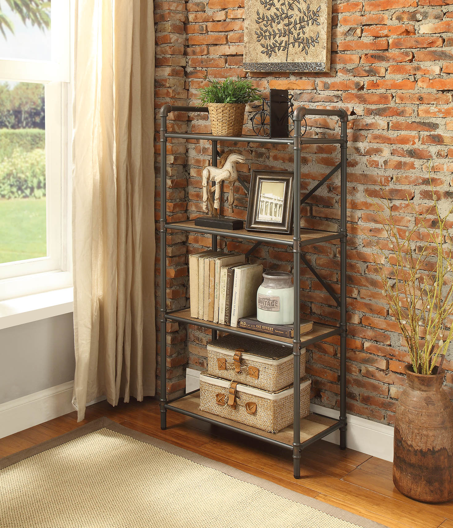 Itzel 4-Shelf Antique Oak & Sandy Gray Finish Bookshelf FredCo