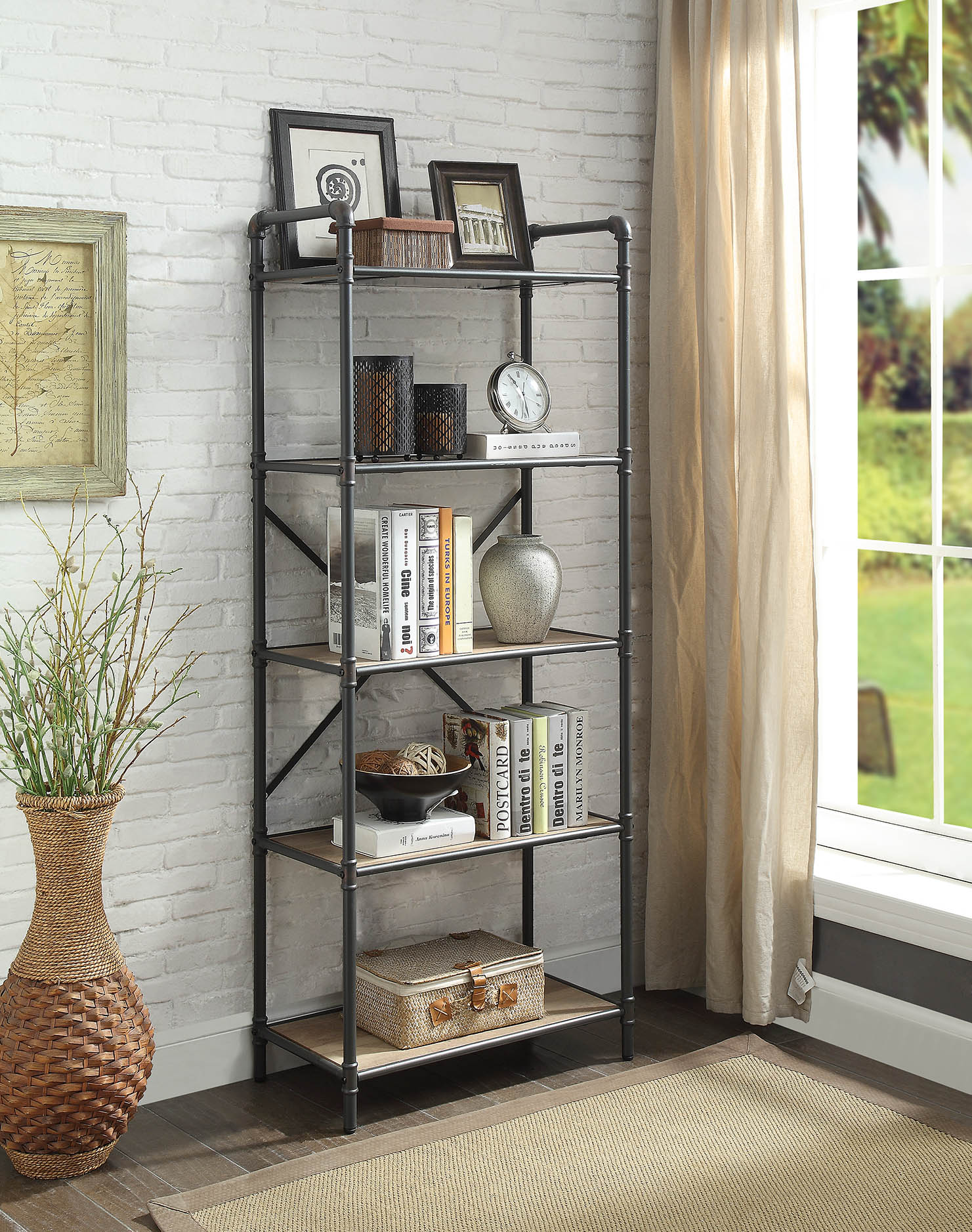 Itzel 5-Shelf Antique Oak & Sandy Gray Finish Bookshelf FredCo