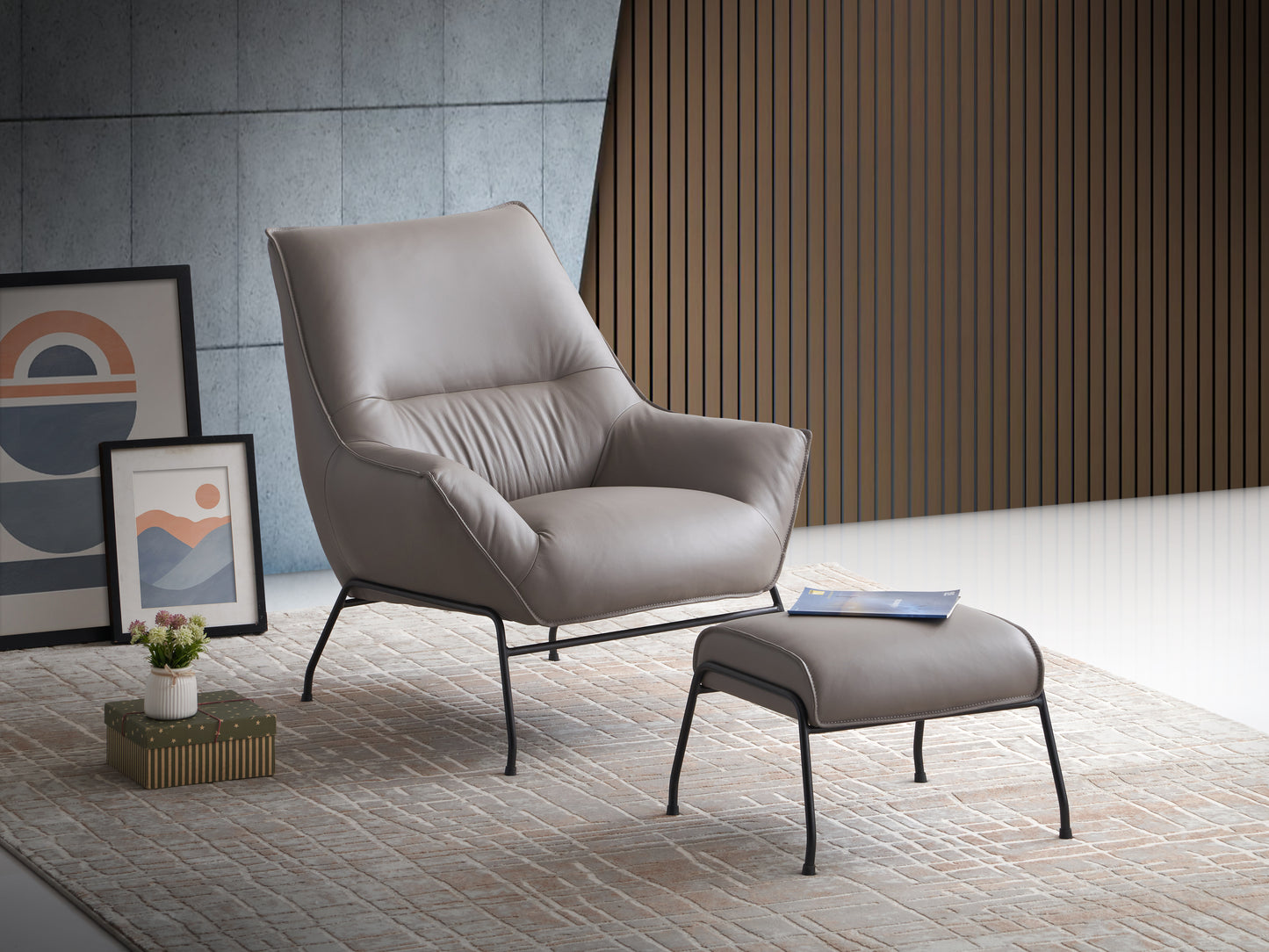 Jabel Khaki Top Grain Leather Accent Chair & Ottoman FredCo