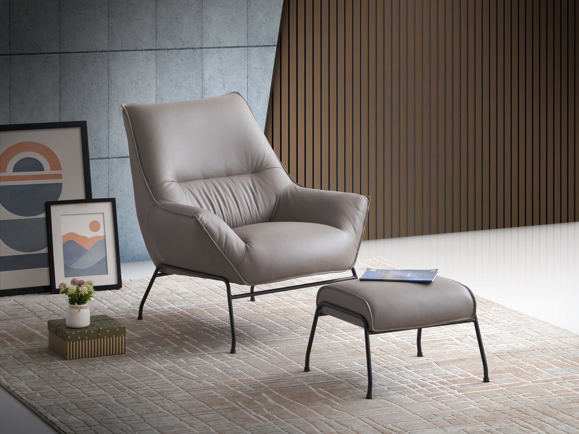 Jabel Khaki Top Grain Leather Accent Chair & Ottoman FredCo