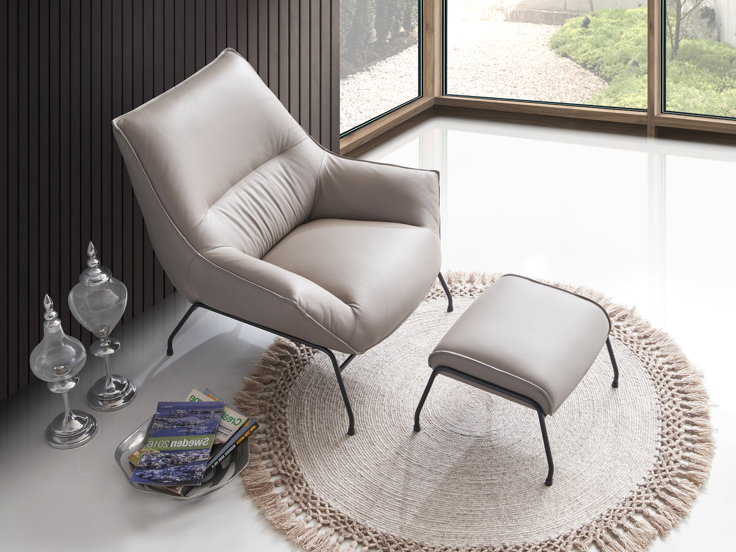 Jabel Khaki Top Grain Leather Accent Chair & Ottoman FredCo