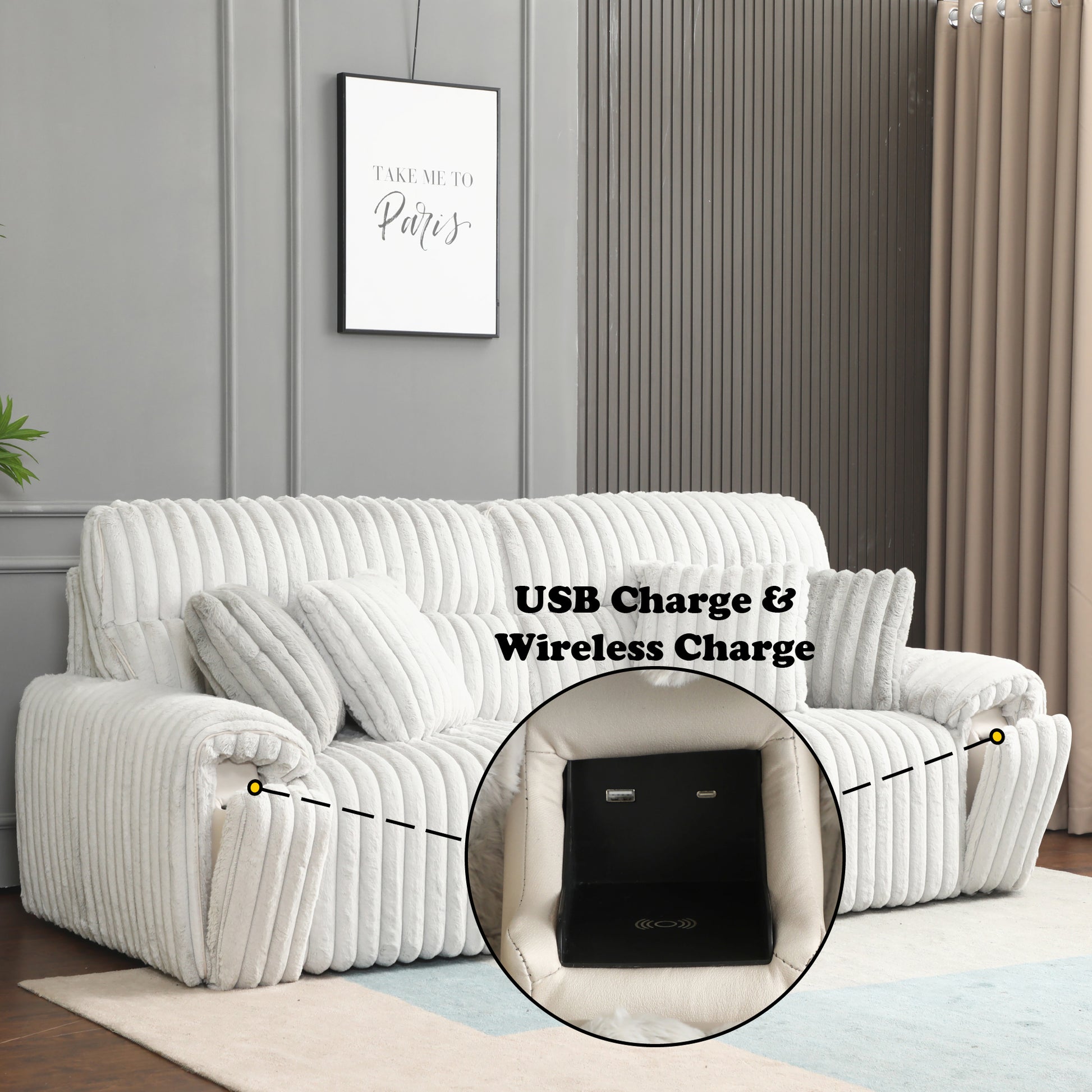 Jaya Mondo Grey Corduroy Power Motion Sofa w/Sleeper & USB Port FredCo