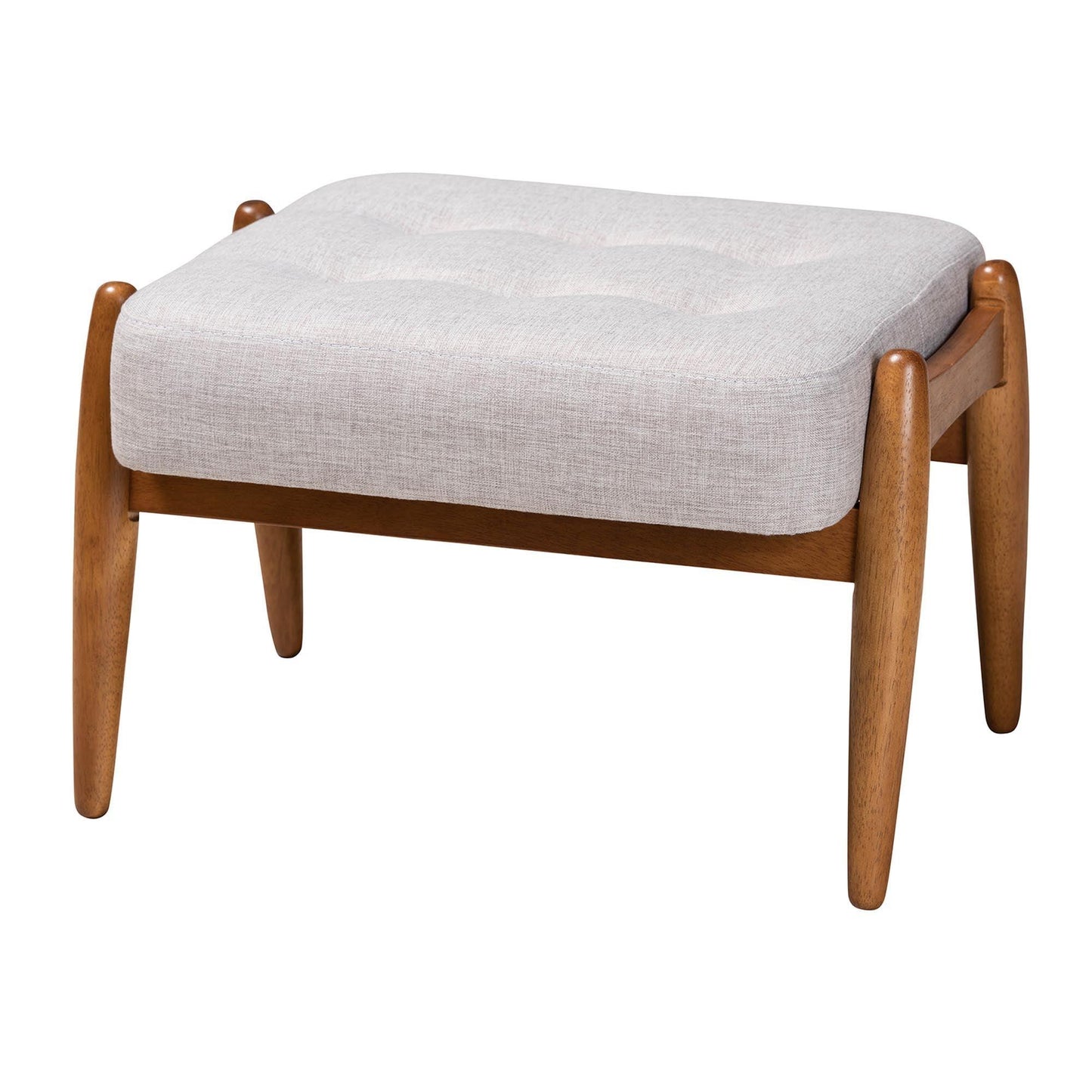 Jeanine Japandi Greyish Beige Fabric and Walnut Brown Finished Wood Ottoman Footstool FredCo