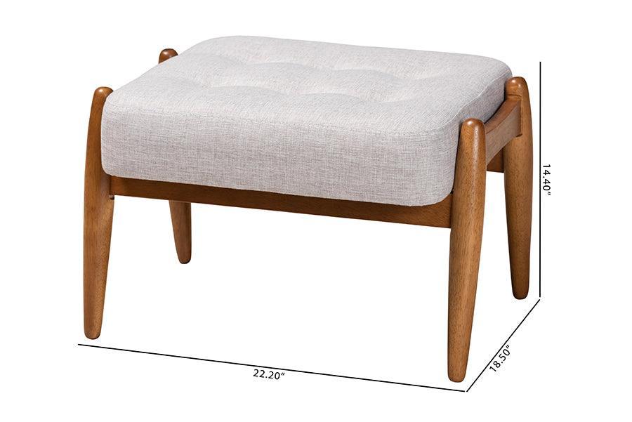 Jeanine Japandi Greyish Beige Fabric and Walnut Brown Finished Wood Ottoman Footstool FredCo