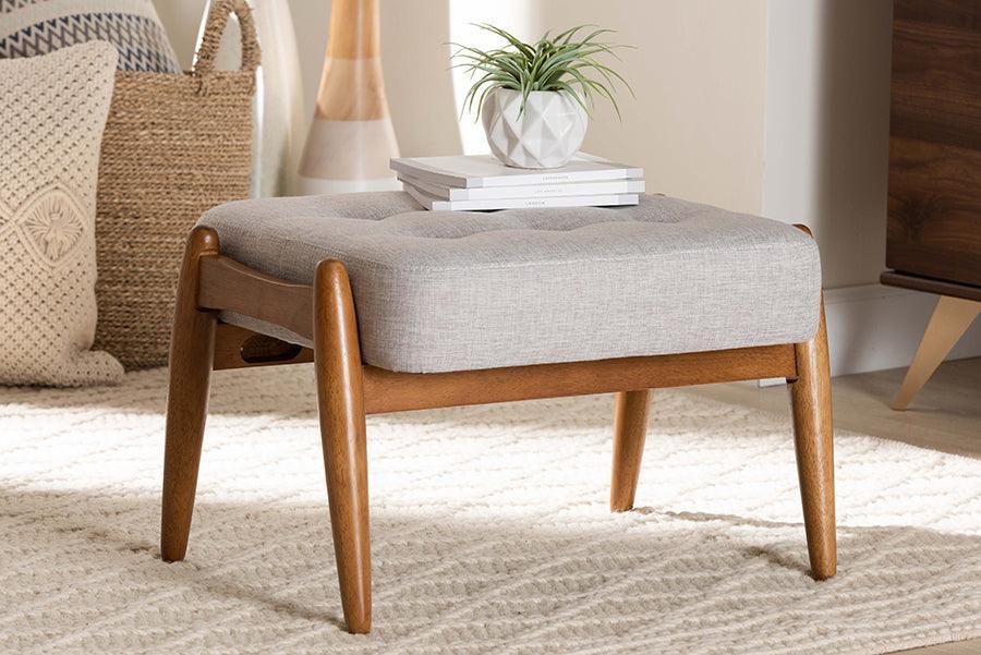 Jeanine Japandi Greyish Beige Fabric and Walnut Brown Finished Wood Ottoman Footstool FredCo