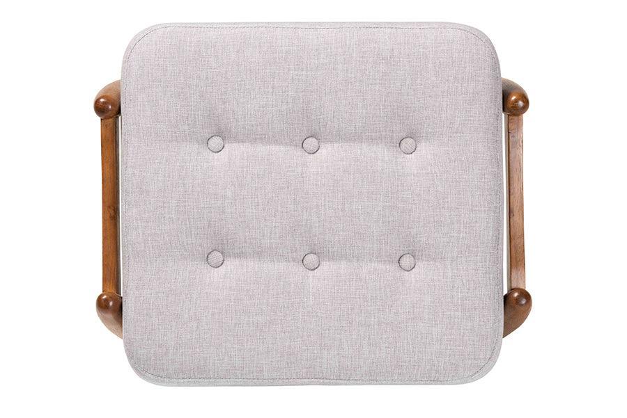 Jeanine Japandi Greyish Beige Fabric and Walnut Brown Finished Wood Ottoman Footstool FredCo