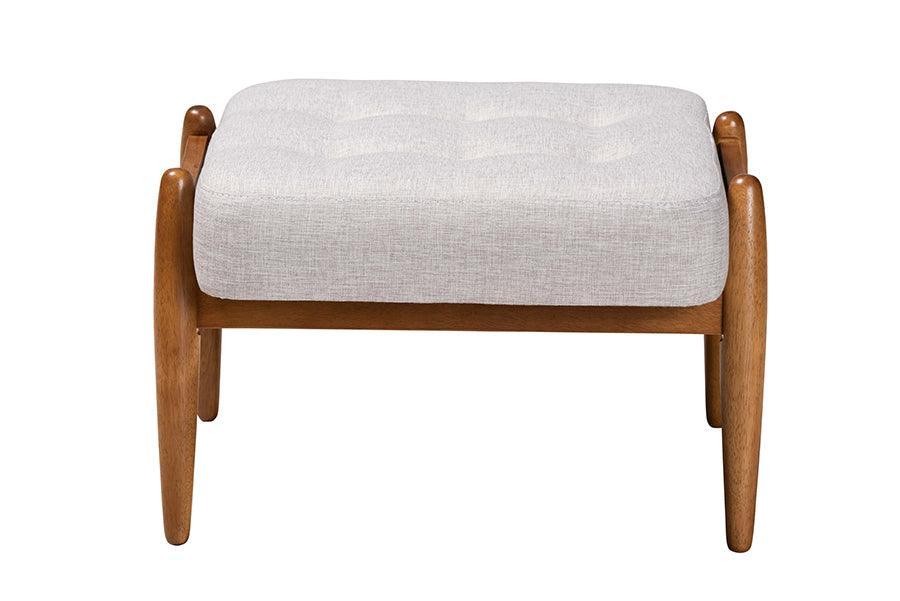 Jeanine Japandi Greyish Beige Fabric and Walnut Brown Finished Wood Ottoman Footstool FredCo