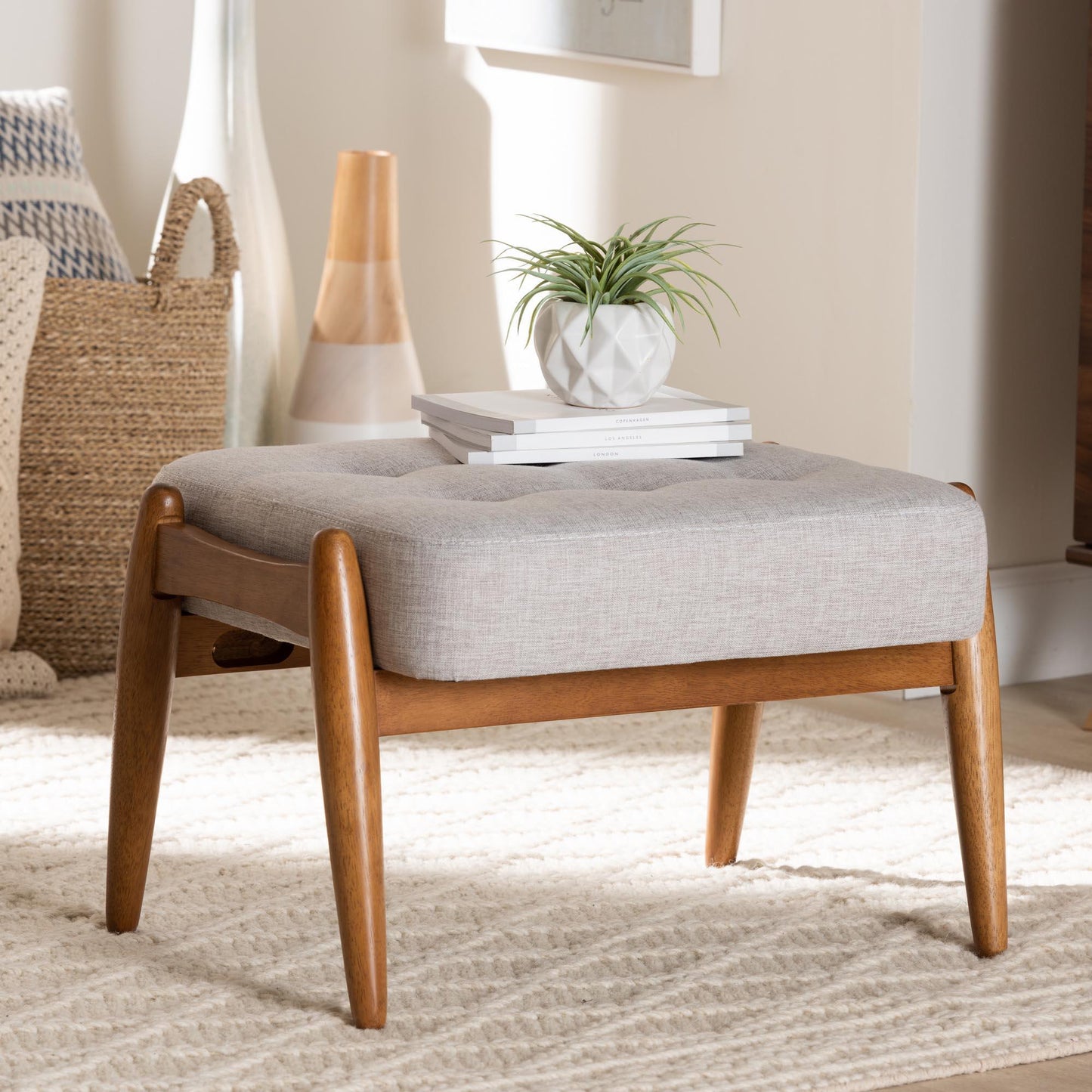 Jeanine Japandi Greyish Beige Fabric and Walnut Brown Finished Wood Ottoman Footstool FredCo