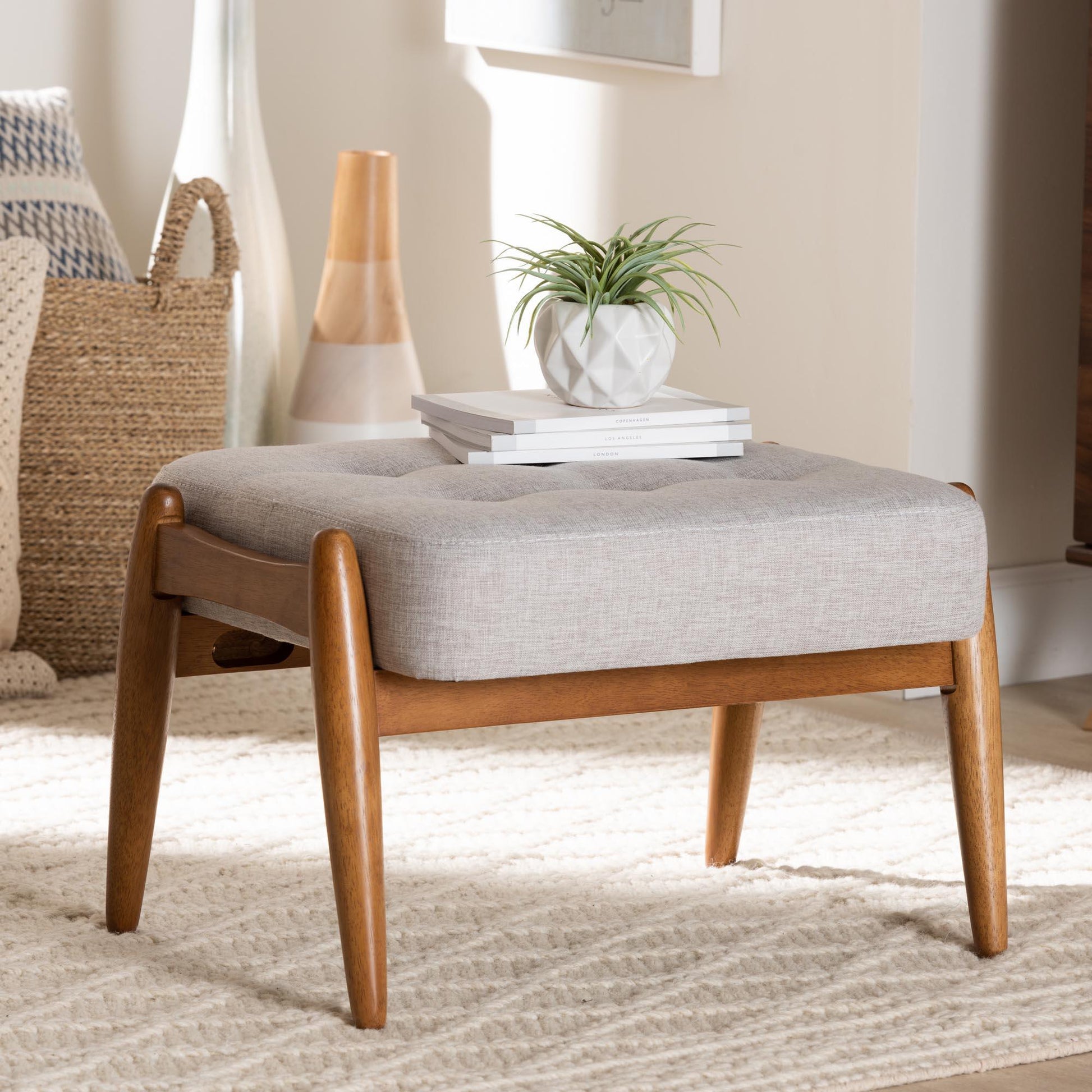Jeanine Japandi Greyish Beige Fabric and Walnut Brown Finished Wood Ottoman Footstool FredCo