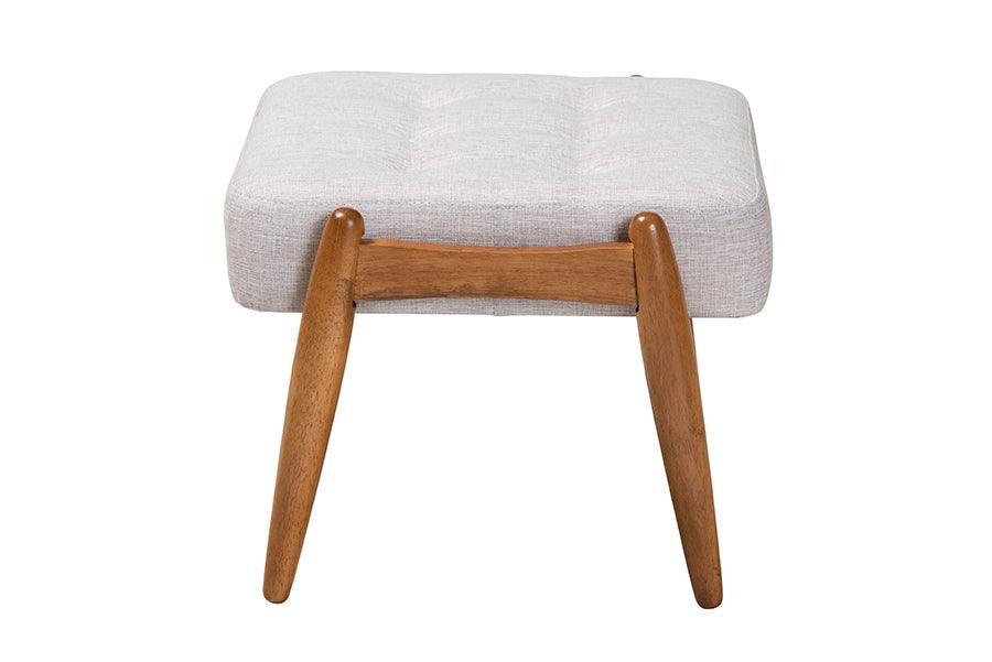 Jeanine Japandi Greyish Beige Fabric and Walnut Brown Finished Wood Ottoman Footstool FredCo