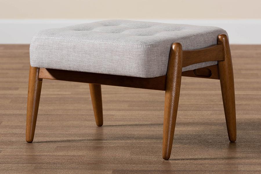 Jeanine Japandi Greyish Beige Fabric and Walnut Brown Finished Wood Ottoman Footstool FredCo